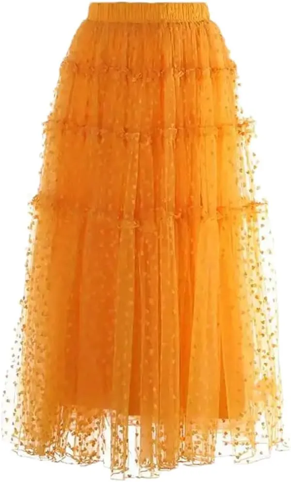Women Solid Tulle Midi Skirt High Waisted Mesh Splicing Large Swing Skirts Casual A-Line Skirts Orange XL