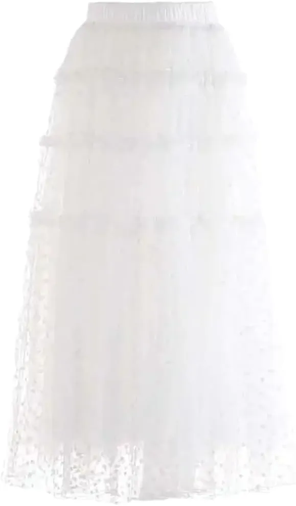 Women Solid Tulle Midi Skirt High Waisted Mesh Splicing Large Swing Skirts Casual A-Line Skirts White XL