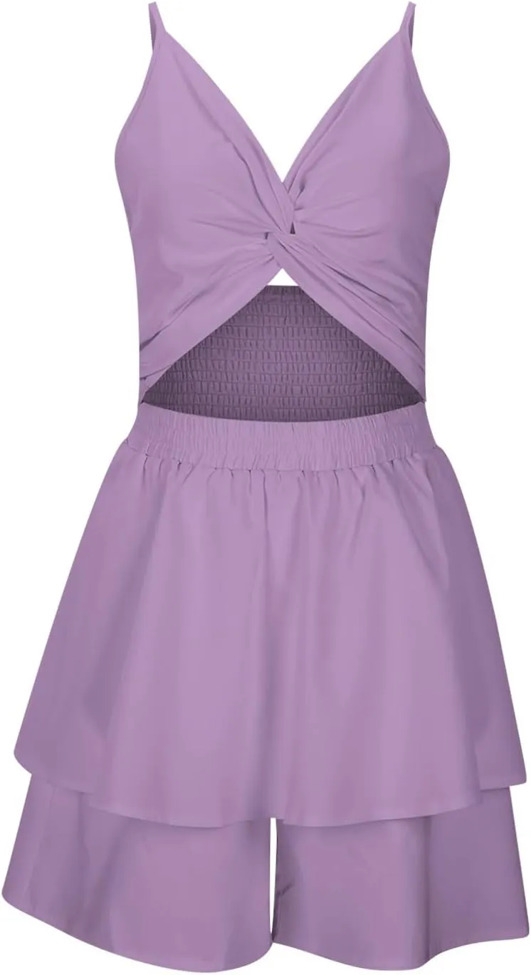 Women Summer Spaghetti Strap Dress Sexy Casual Double Layer Ruffle V Neck Cutout Dresses Beach Cocktail Party Mini Dresses