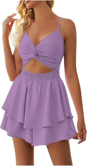 Women Summer Spaghetti Strap Dress Sexy Casual Double Layer Ruffle V Neck Cutout Dresses Beach Cocktail Party Mini Dresses