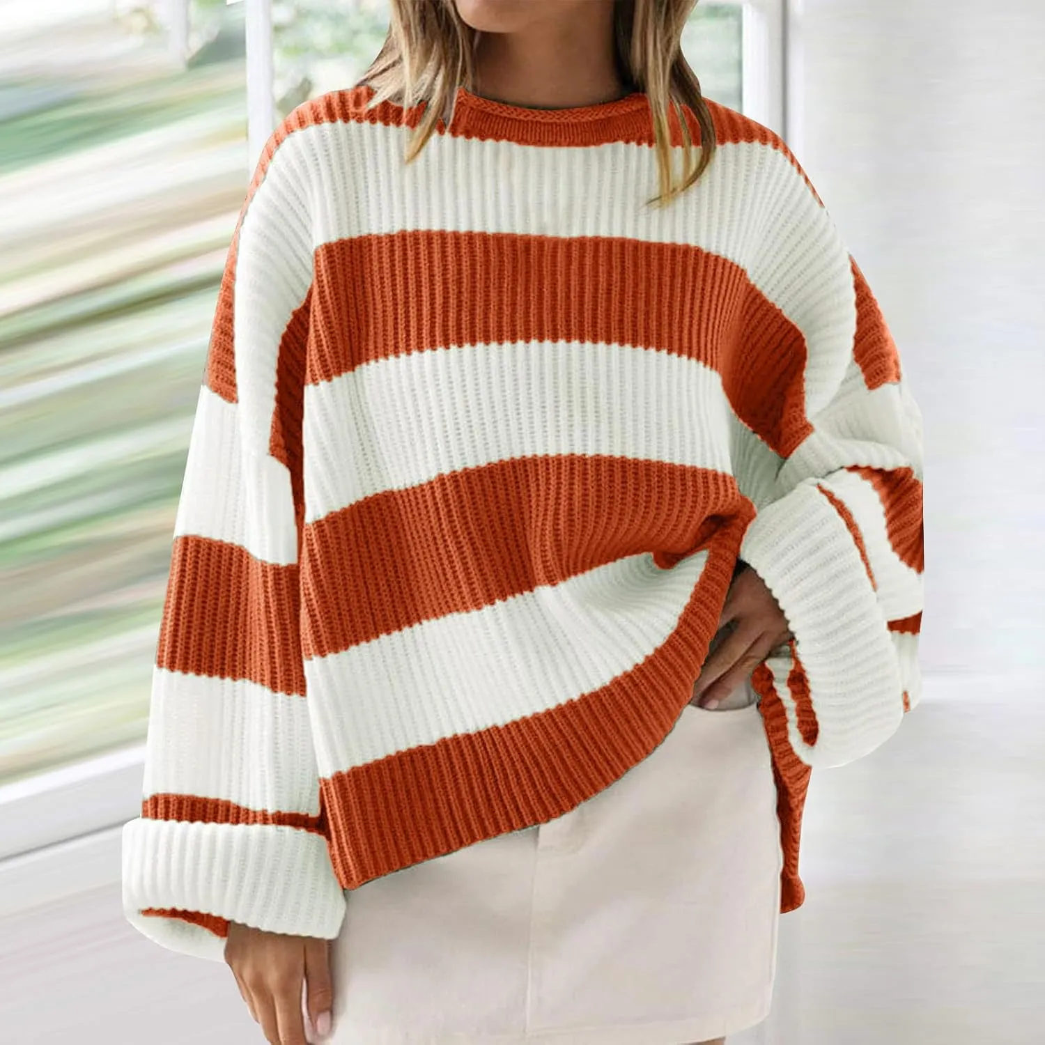 Women's 2024 Fall Long Sleeve Crew Neck Striped Color Block Comfy Loose Oversized Knitted Pullover Sweater