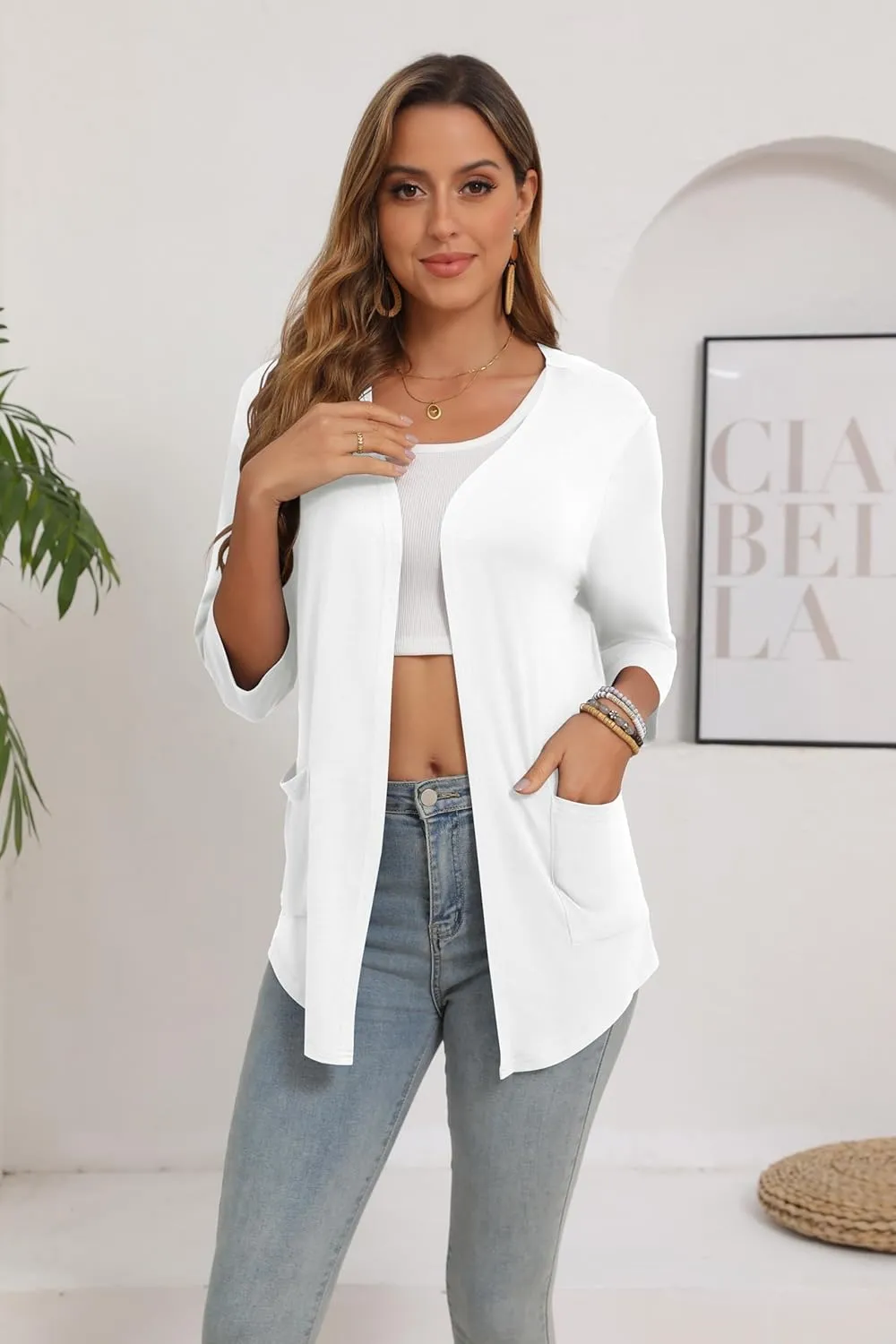 Women's 3/4 Sleeve Open Front Cardigan Casual Loose Lightweight Cardigans with Pockets
