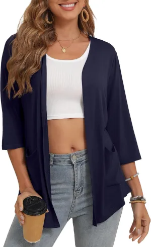 Women's 3/4 Sleeve Open Front Cardigan Casual Loose Lightweight Cardigans with Pockets
