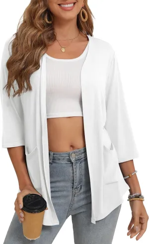Women's 3/4 Sleeve Open Front Cardigan Casual Loose Lightweight Cardigans with Pockets