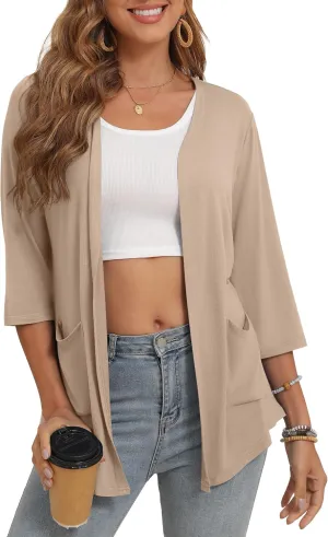 Women's 3/4 Sleeve Open Front Cardigan Casual Loose Lightweight Cardigans with Pockets