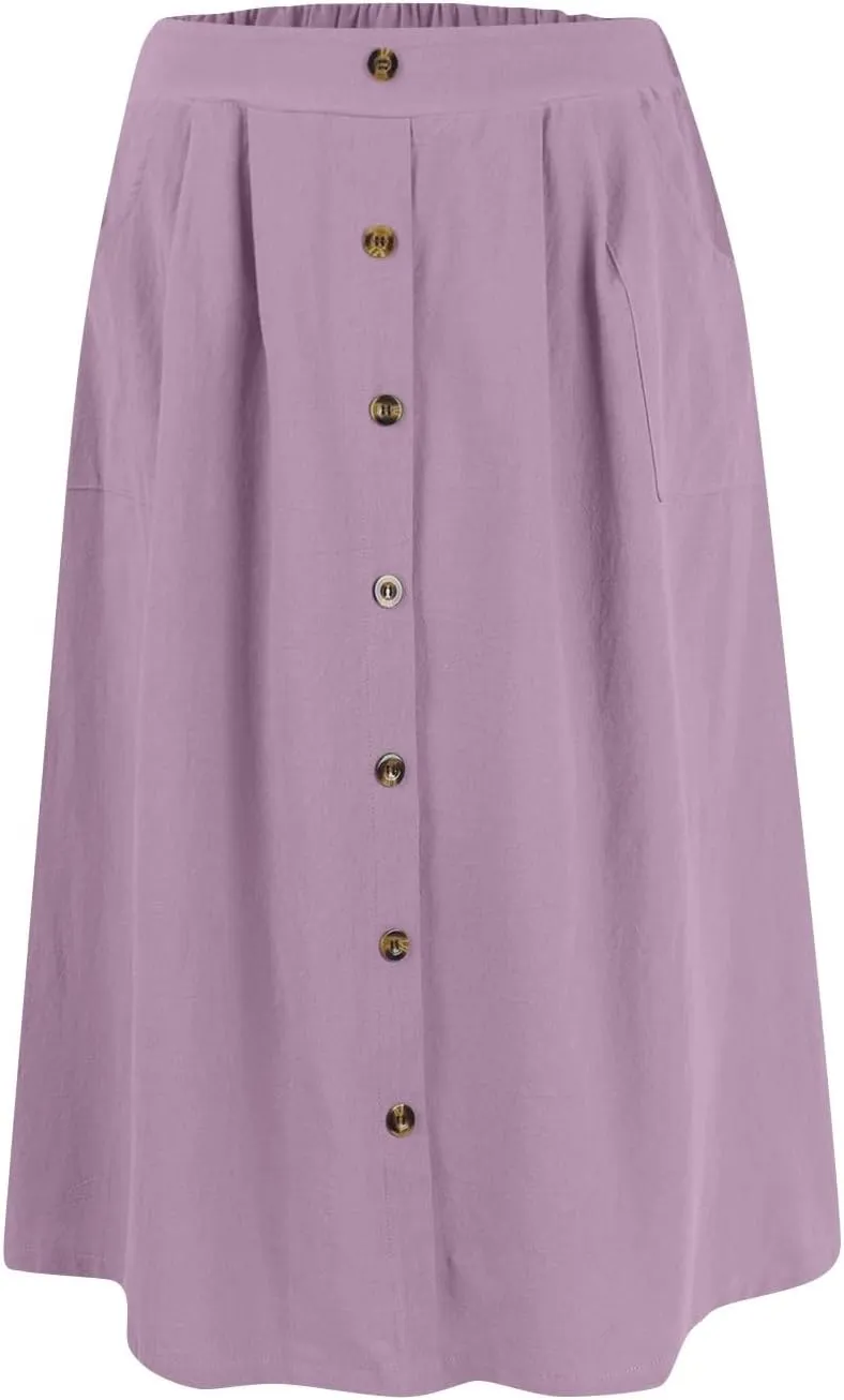 Womens A Line Midi Skirt Vintage Front Button Swing Skirt Summer Casual High Waisted Pleated Midi Skirt with Pockets