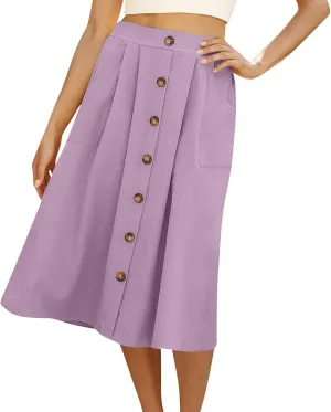 Womens A Line Midi Skirt Vintage Front Button Swing Skirt Summer Casual High Waisted Pleated Midi Skirt with Pockets