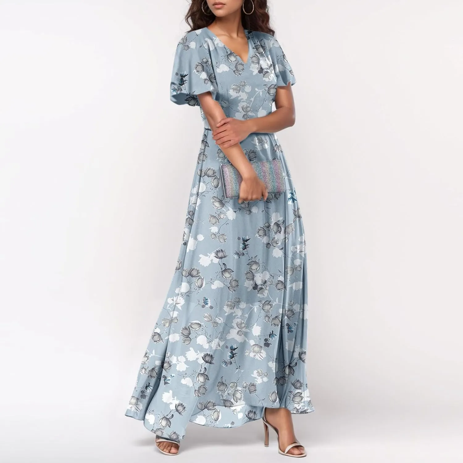Women's Beach Dress Ruffle Short Sleeve Summer Casual Cute Floral Wedding Guest Chiffon Flowing Maxi Dresses