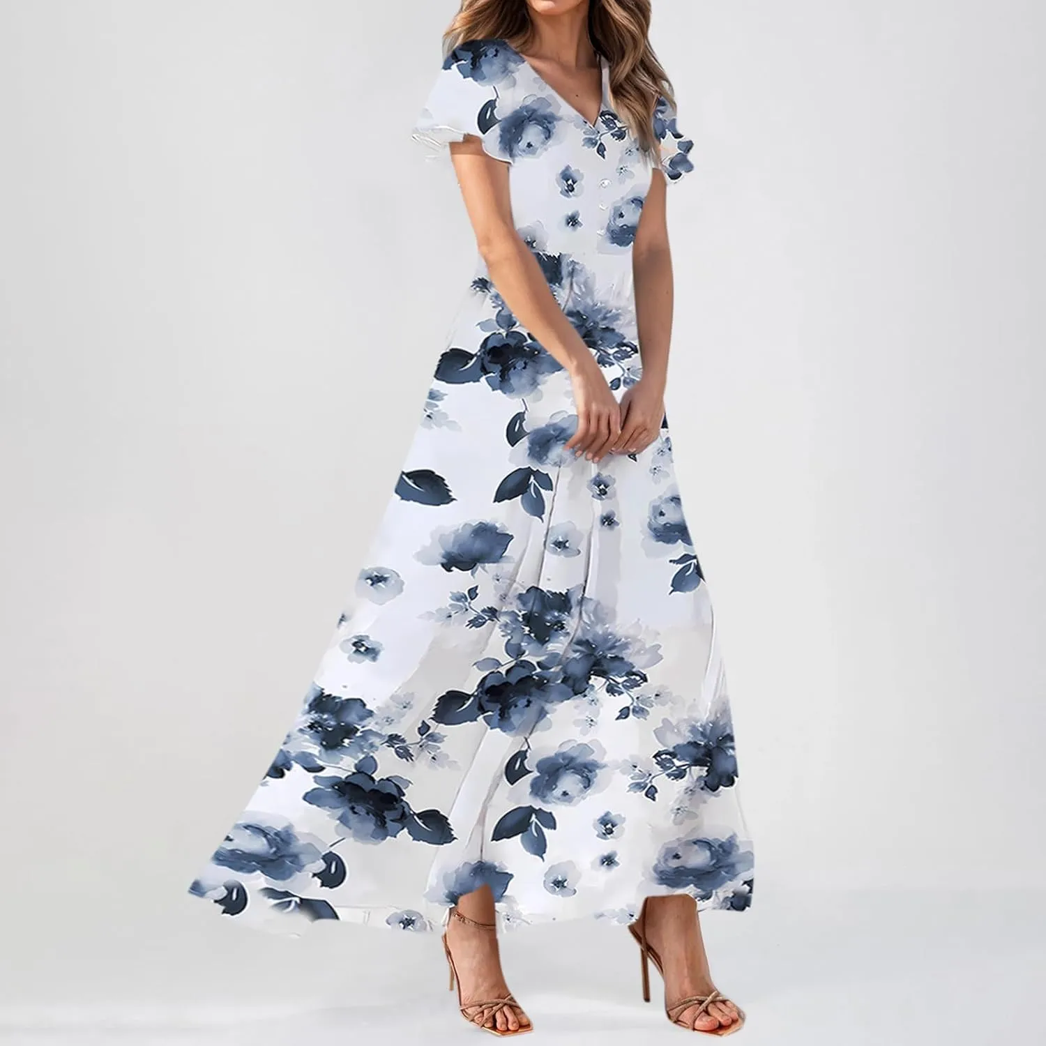 Women's Beach Dress Ruffle Short Sleeve Summer Casual Cute Floral Wedding Guest Chiffon Flowing Maxi Dresses