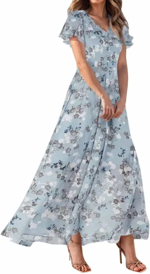 Women's Beach Dress Ruffle Short Sleeve Summer Casual Cute Floral Wedding Guest Chiffon Flowing Maxi Dresses