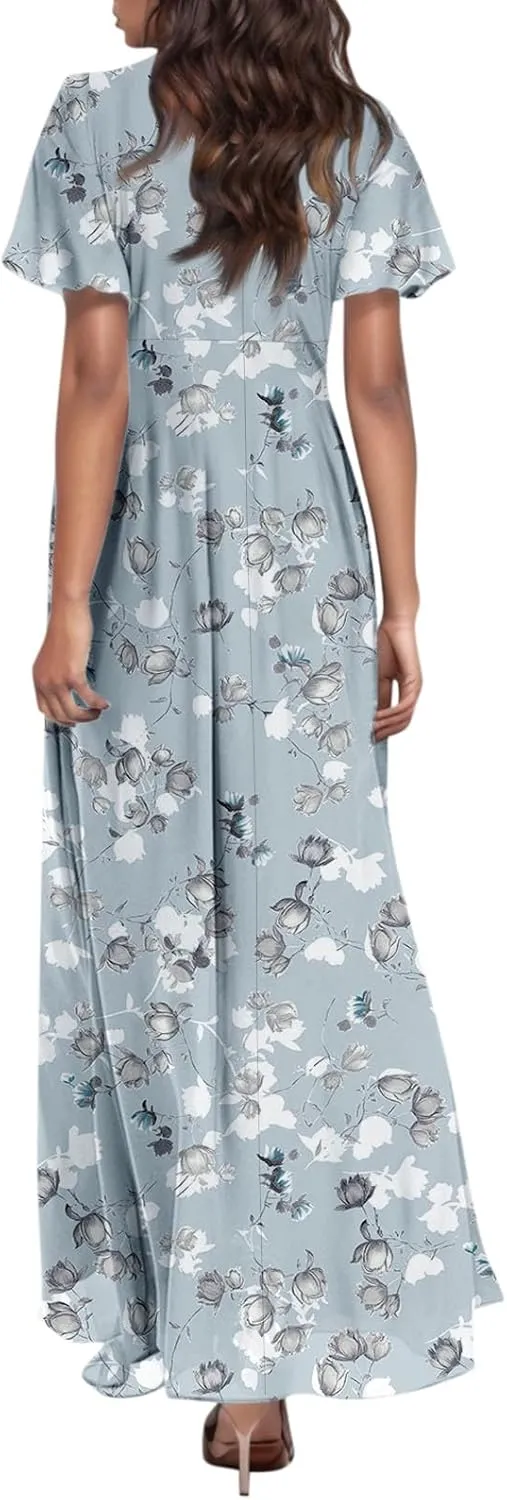 Women's Beach Dress Ruffle Short Sleeve Summer Casual Cute Floral Wedding Guest Chiffon Flowing Maxi Dresses