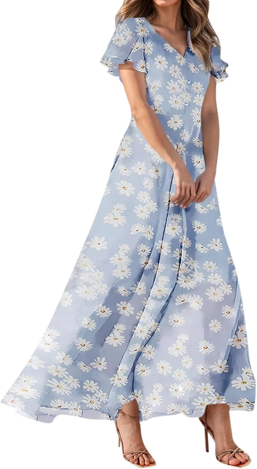 Women's Beach Dress Ruffle Short Sleeve Summer Casual Cute Floral Wedding Guest Chiffon Flowing Maxi Dresses
