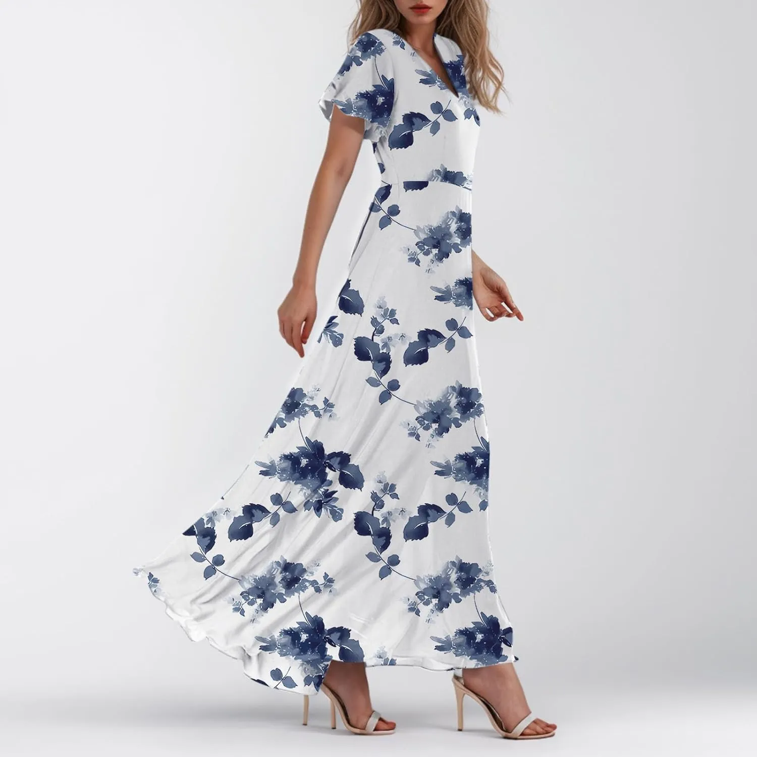 Women's Beach Dress Ruffle Short Sleeve Summer Casual Cute Floral Wedding Guest Chiffon Flowing Maxi Dresses