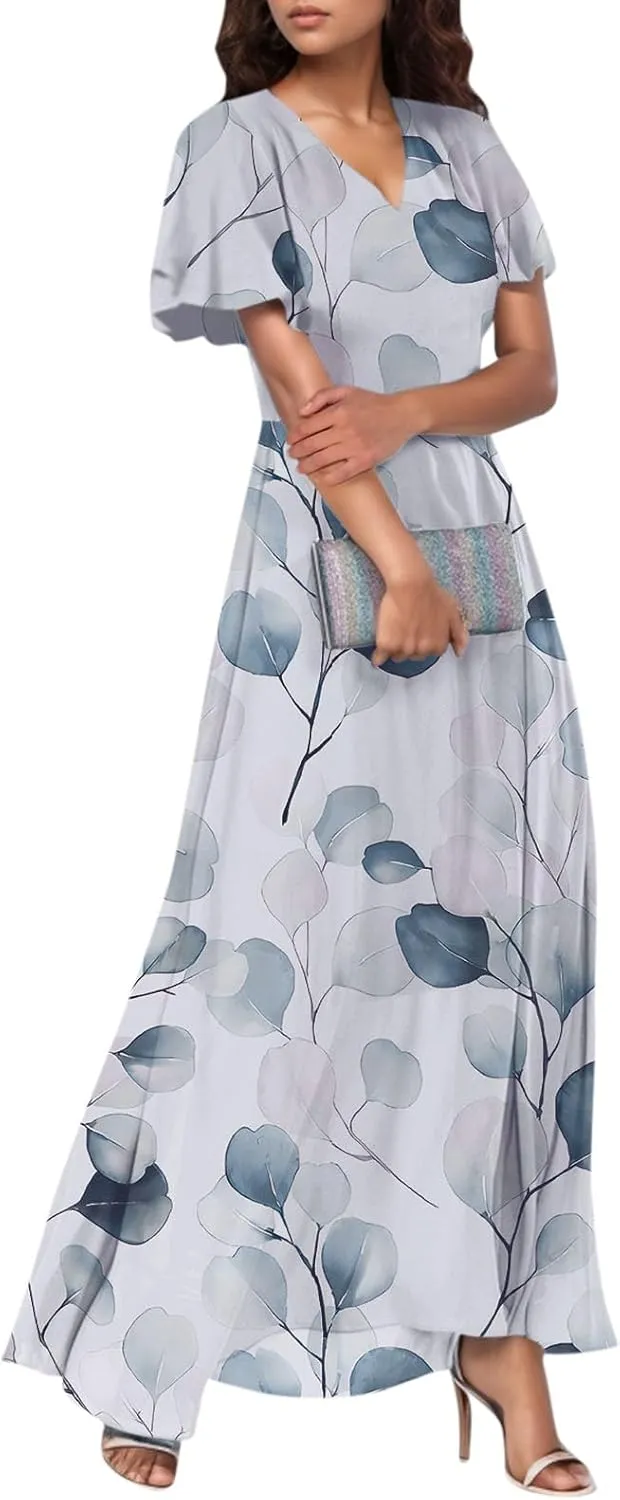 Women's Beach Dress Ruffle Short Sleeve Summer Casual Cute Floral Wedding Guest Chiffon Flowing Maxi Dresses