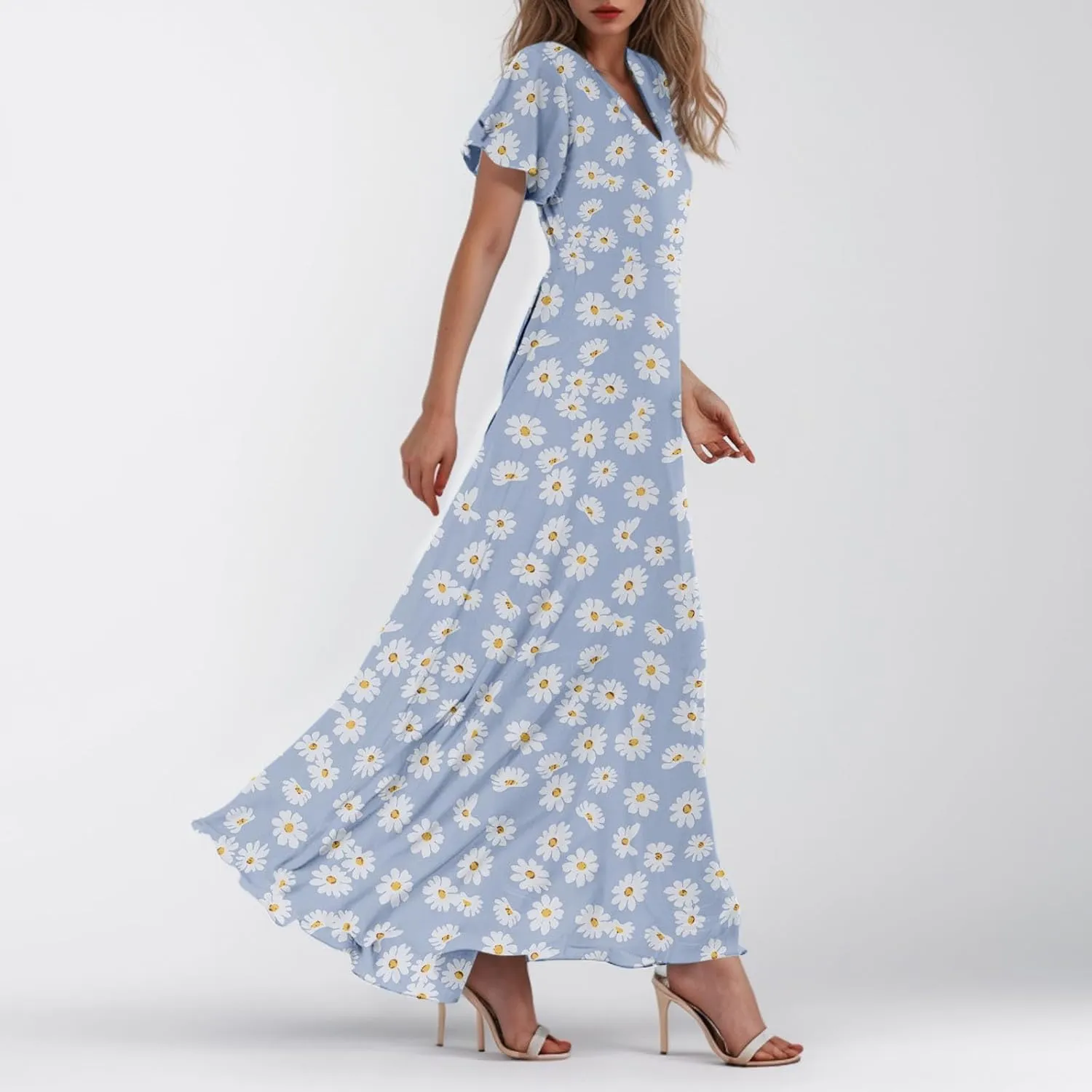 Women's Beach Dress Ruffle Short Sleeve Summer Casual Cute Floral Wedding Guest Chiffon Flowing Maxi Dresses