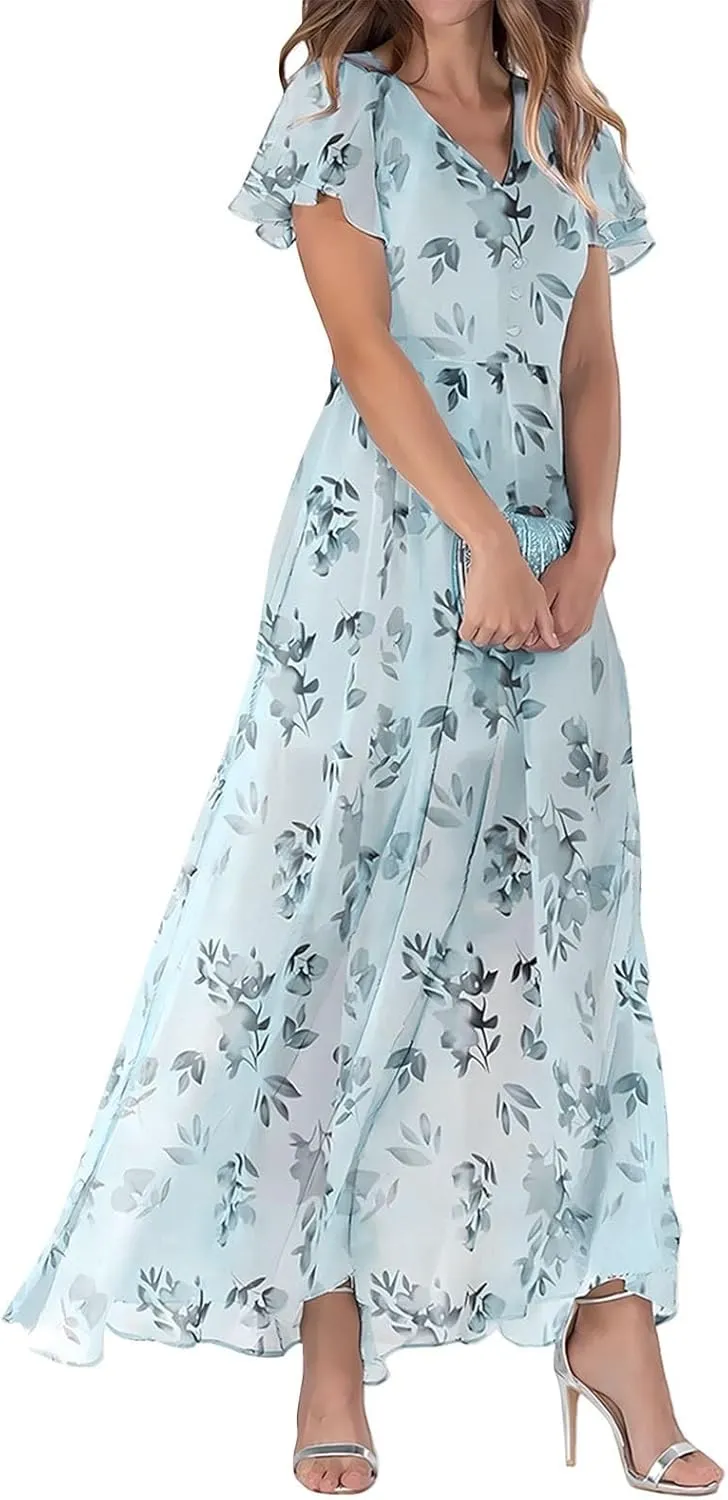 Women's Beach Dress Ruffle Short Sleeve Summer Casual Cute Floral Wedding Guest Chiffon Flowing Maxi Dresses