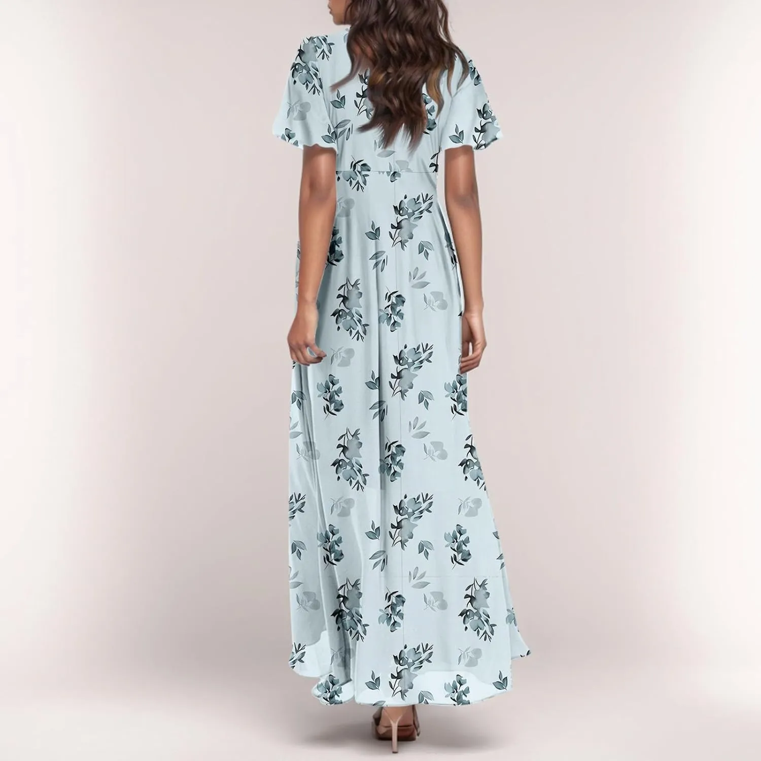 Women's Beach Dress Ruffle Short Sleeve Summer Casual Cute Floral Wedding Guest Chiffon Flowing Maxi Dresses