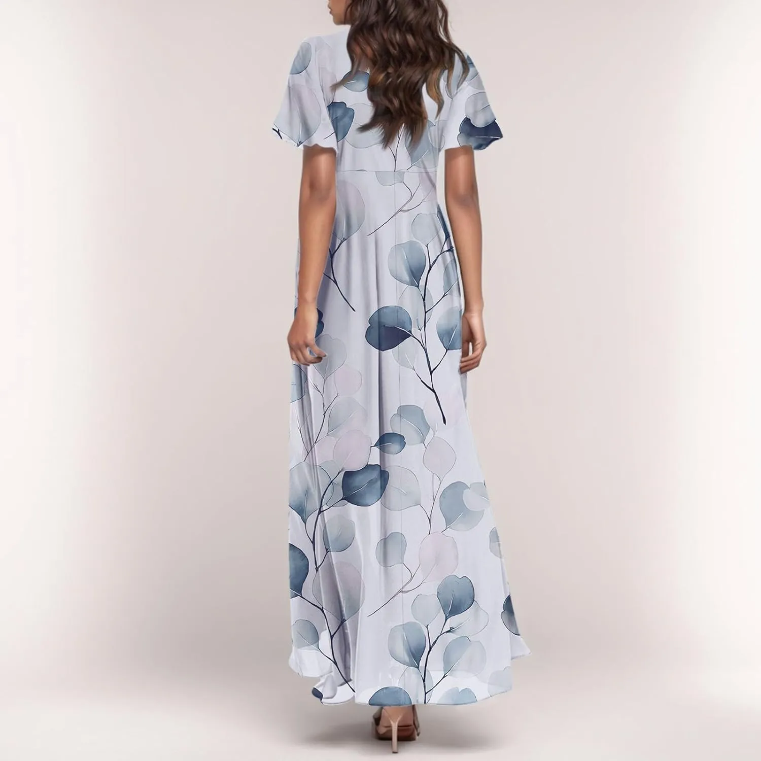 Women's Beach Dress Ruffle Short Sleeve Summer Casual Cute Floral Wedding Guest Chiffon Flowing Maxi Dresses