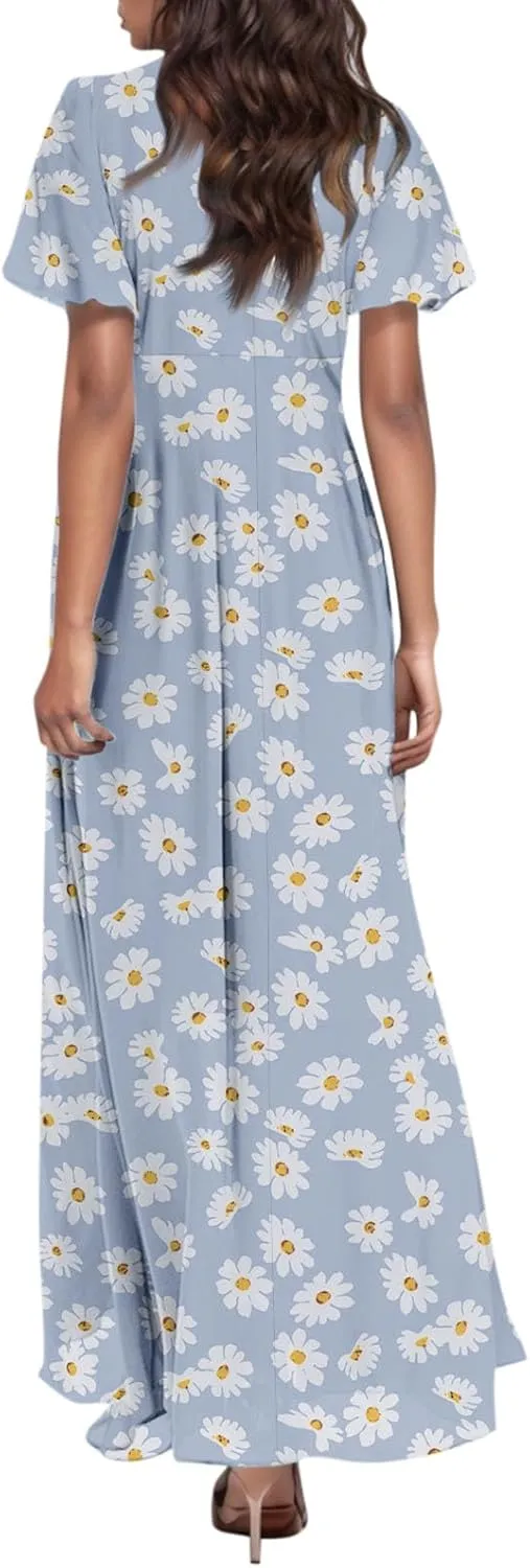 Women's Beach Dress Ruffle Short Sleeve Summer Casual Cute Floral Wedding Guest Chiffon Flowing Maxi Dresses