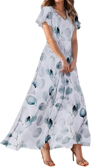 Women's Beach Dress Ruffle Short Sleeve Summer Casual Cute Floral Wedding Guest Chiffon Flowing Maxi Dresses