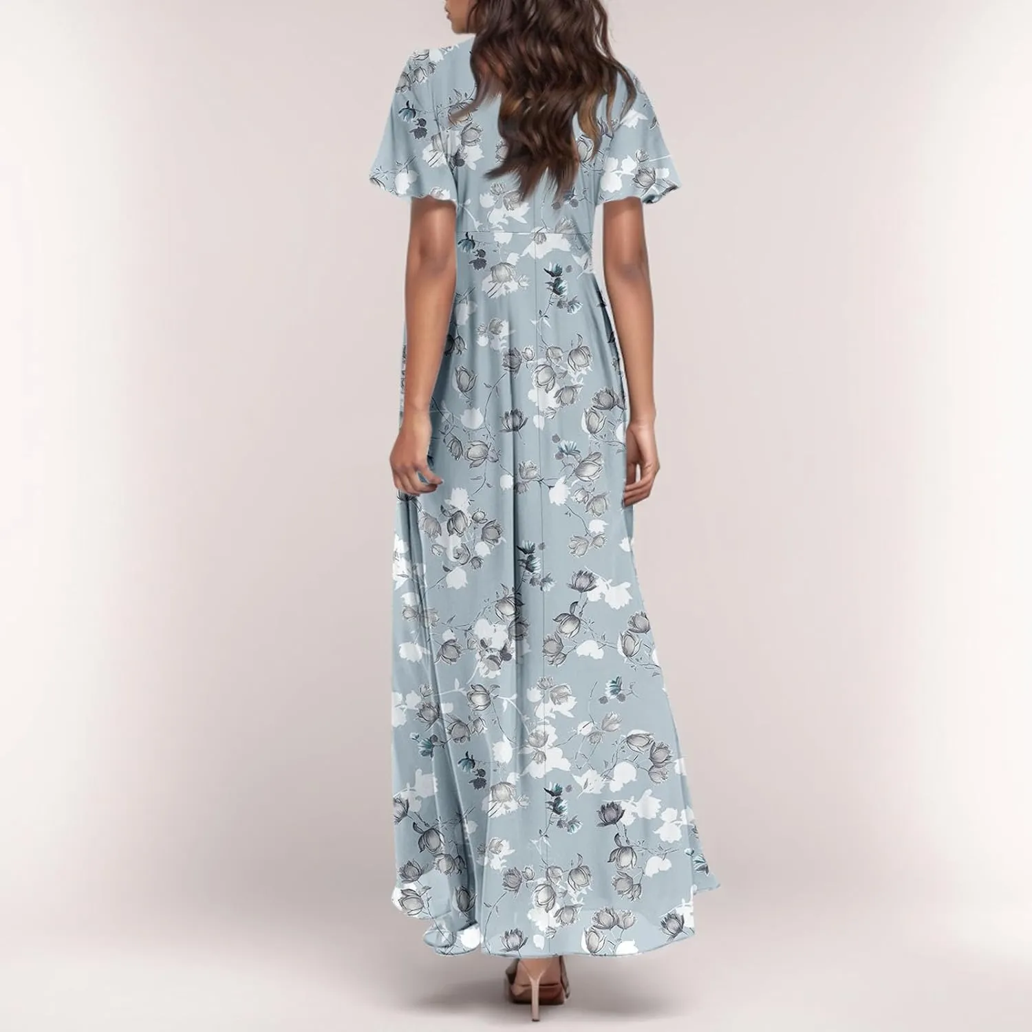 Women's Beach Dress Ruffle Short Sleeve Summer Casual Cute Floral Wedding Guest Chiffon Flowing Maxi Dresses