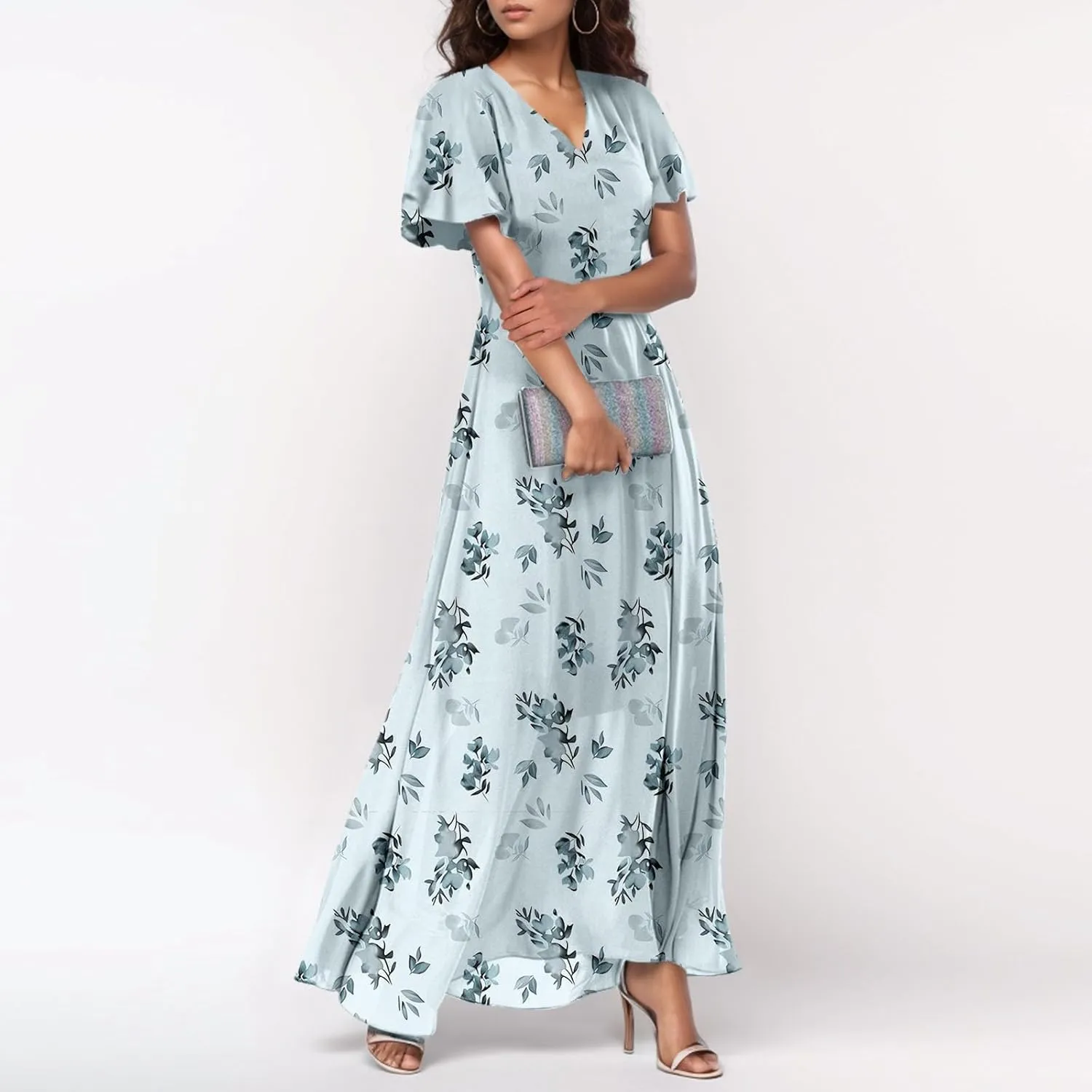 Women's Beach Dress Ruffle Short Sleeve Summer Casual Cute Floral Wedding Guest Chiffon Flowing Maxi Dresses