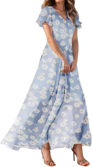 Women's Beach Dress Ruffle Short Sleeve Summer Casual Cute Floral Wedding Guest Chiffon Flowing Maxi Dresses