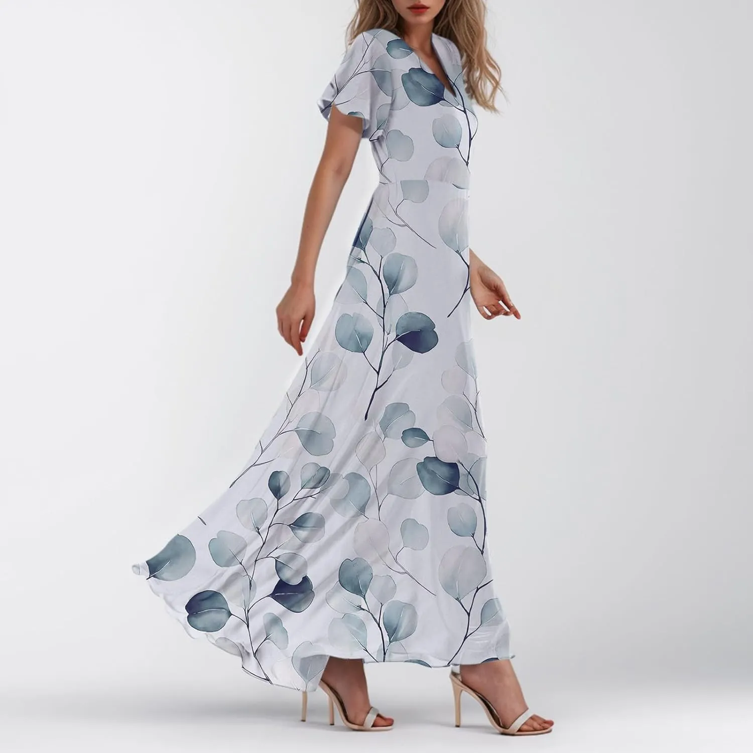 Women's Beach Dress Ruffle Short Sleeve Summer Casual Cute Floral Wedding Guest Chiffon Flowing Maxi Dresses