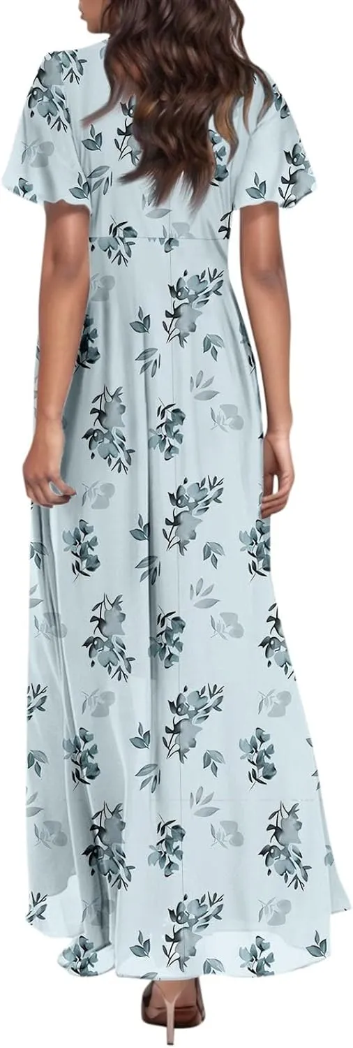 Women's Beach Dress Ruffle Short Sleeve Summer Casual Cute Floral Wedding Guest Chiffon Flowing Maxi Dresses