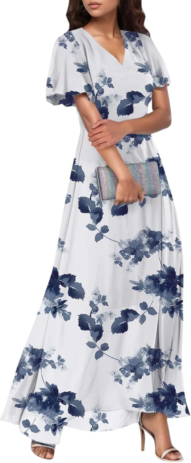 Women's Beach Dress Ruffle Short Sleeve Summer Casual Cute Floral Wedding Guest Chiffon Flowing Maxi Dresses