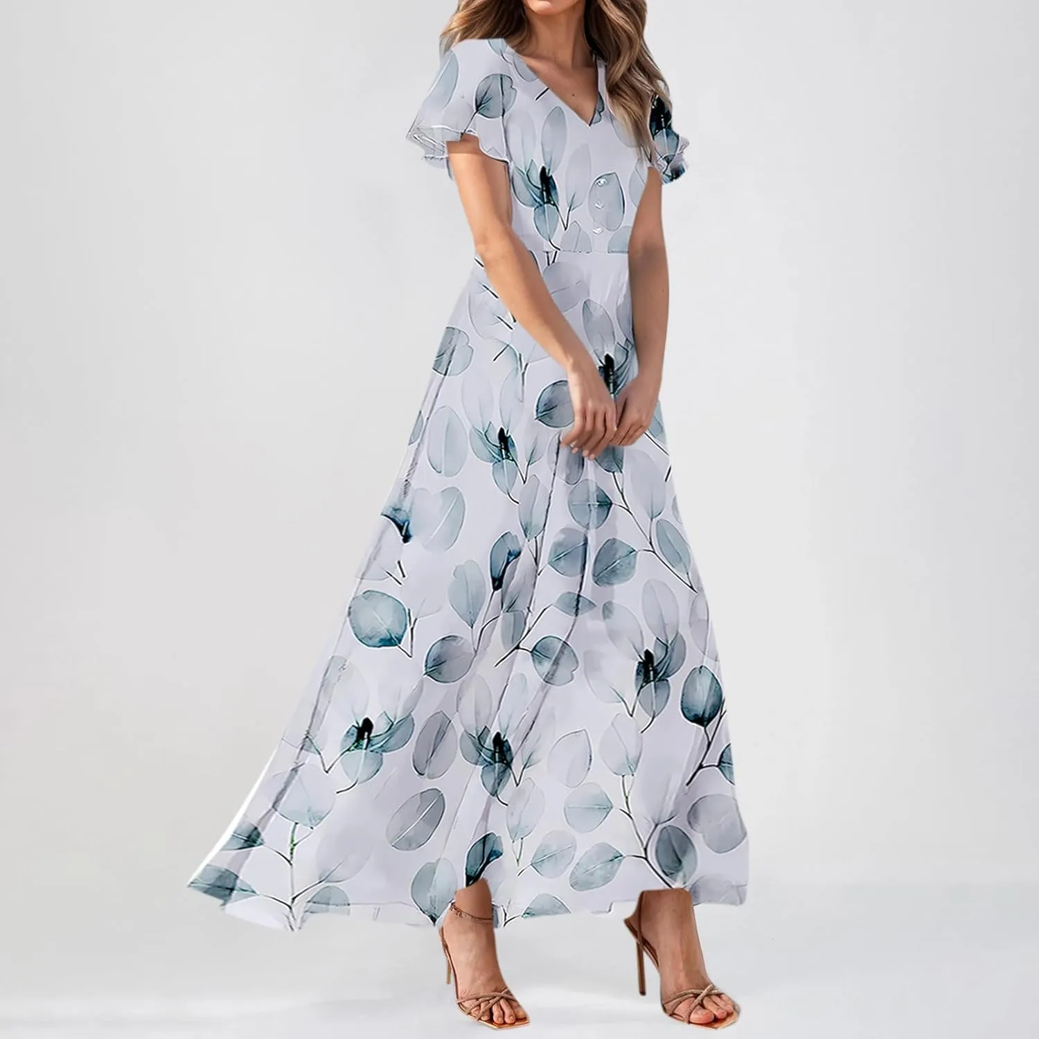 Women's Beach Dress Ruffle Short Sleeve Summer Casual Cute Floral Wedding Guest Chiffon Flowing Maxi Dresses