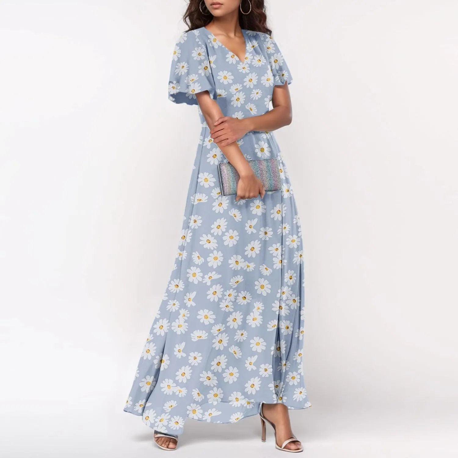 Women's Beach Dress Ruffle Short Sleeve Summer Casual Cute Floral Wedding Guest Chiffon Flowing Maxi Dresses