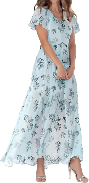 Women's Beach Dress Ruffle Short Sleeve Summer Casual Cute Floral Wedding Guest Chiffon Flowing Maxi Dresses