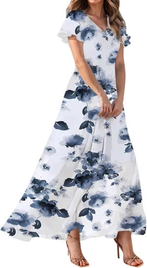 Women's Beach Dress Ruffle Short Sleeve Summer Casual Cute Floral Wedding Guest Chiffon Flowing Maxi Dresses