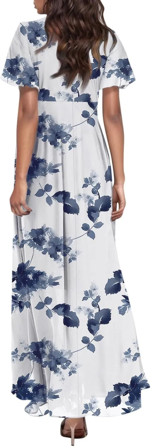 Women's Beach Dress Ruffle Short Sleeve Summer Casual Cute Floral Wedding Guest Chiffon Flowing Maxi Dresses