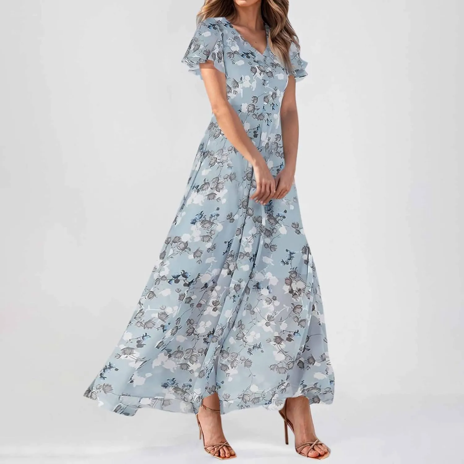 Women's Beach Dress Ruffle Short Sleeve Summer Casual Cute Floral Wedding Guest Chiffon Flowing Maxi Dresses