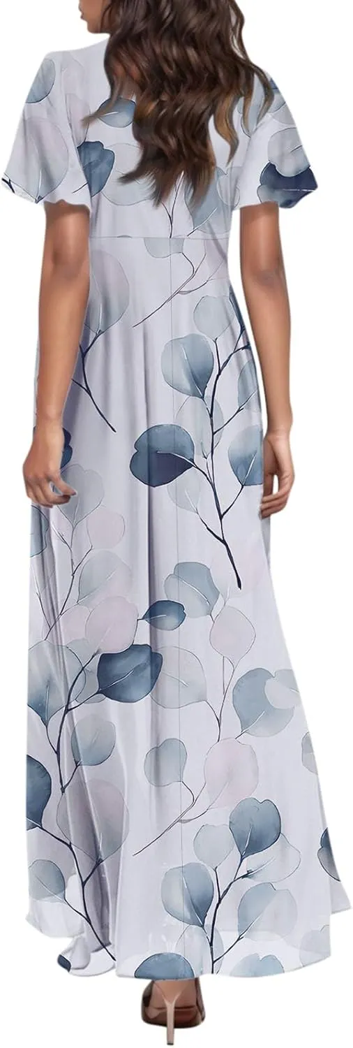 Women's Beach Dress Ruffle Short Sleeve Summer Casual Cute Floral Wedding Guest Chiffon Flowing Maxi Dresses