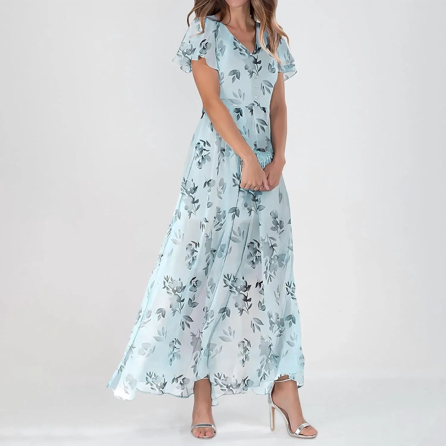 Women's Beach Dress Ruffle Short Sleeve Summer Casual Cute Floral Wedding Guest Chiffon Flowing Maxi Dresses
