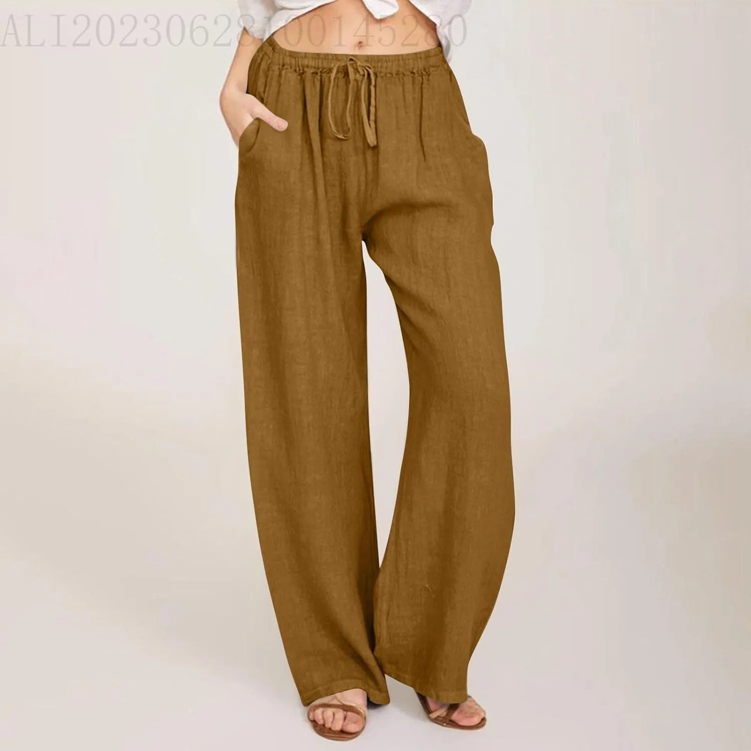 Womens Beach Linen Pants Drawstring Wide Leg Cotton Trousers Loose Summer Comfy Palazzo Pants with Pockets