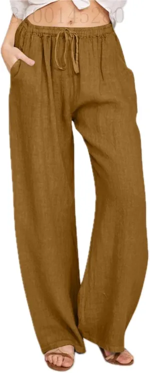 Womens Beach Linen Pants Drawstring Wide Leg Cotton Trousers Loose Summer Comfy Palazzo Pants with Pockets