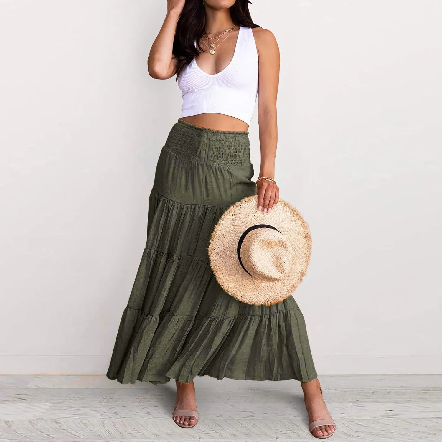 Women's Beach Maxi Skirts Elastic High Waist Drawstring Tired Pleated Skirt Summer Flowy Boho A Line Long Skirt