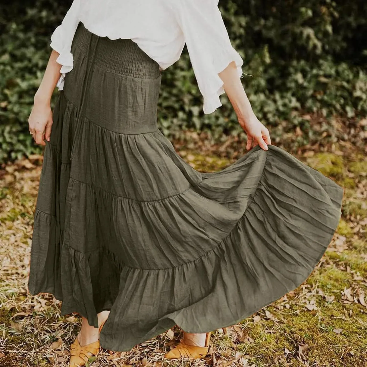 Women's Beach Maxi Skirts Elastic High Waist Drawstring Tired Pleated Skirt Summer Flowy Boho A Line Long Skirt