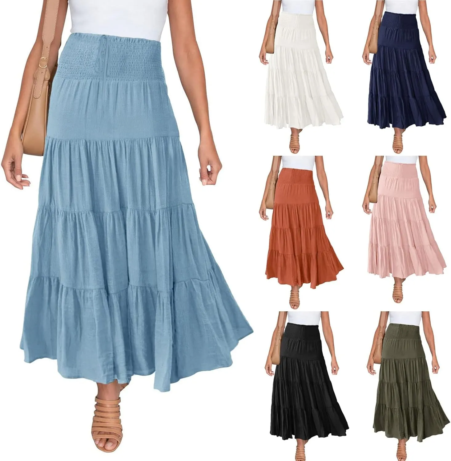 Women's Beach Maxi Skirts Elastic High Waist Drawstring Tired Pleated Skirt Summer Flowy Boho A Line Long Skirt