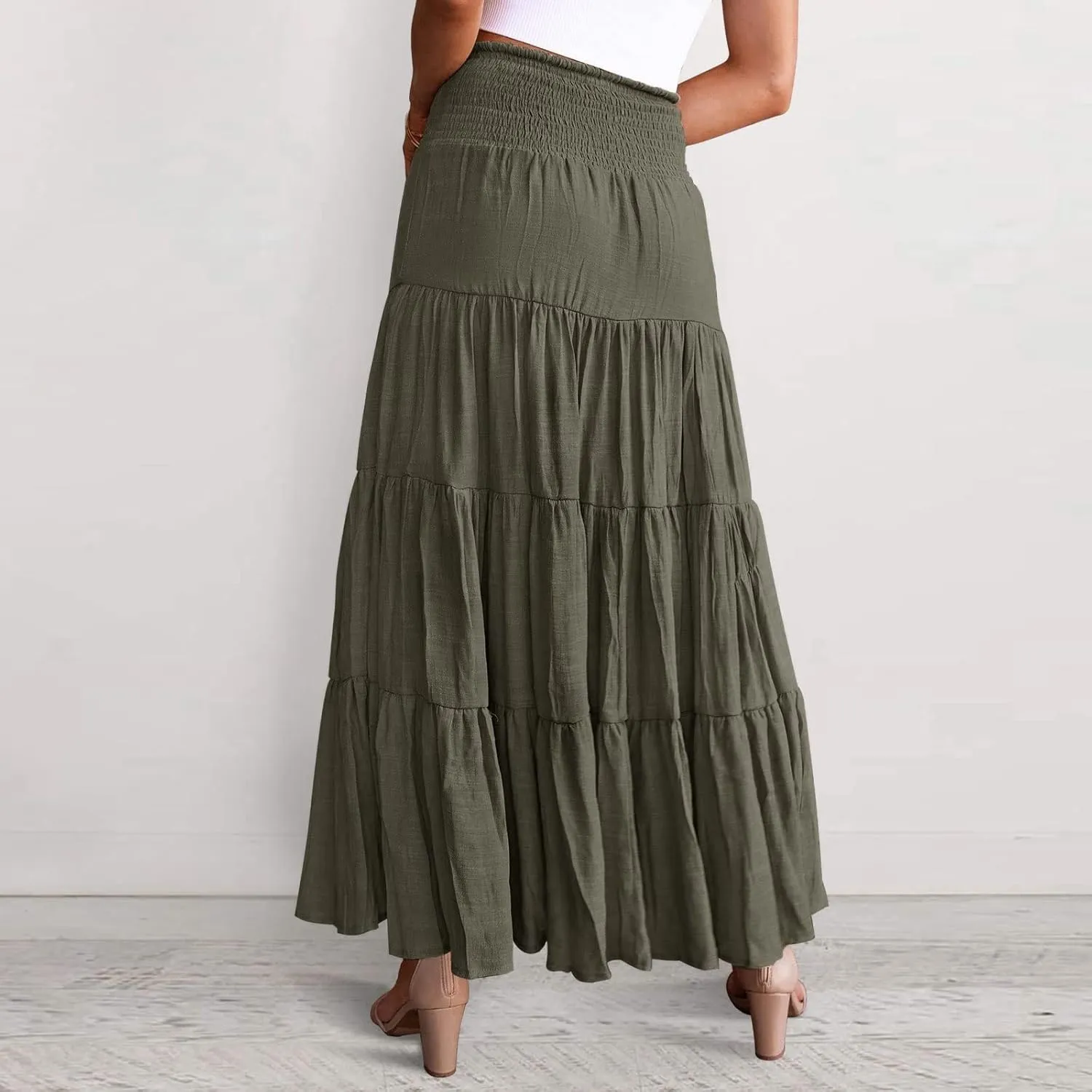 Women's Beach Maxi Skirts Elastic High Waist Drawstring Tired Pleated Skirt Summer Flowy Boho A Line Long Skirt