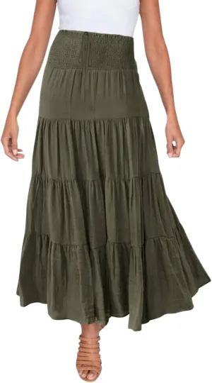 Women's Beach Maxi Skirts Elastic High Waist Drawstring Tired Pleated Skirt Summer Flowy Boho A Line Long Skirt