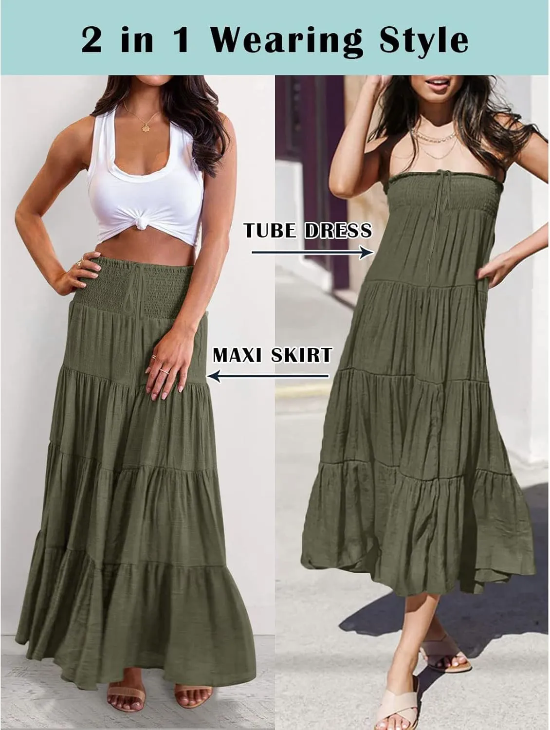 Women's Beach Maxi Skirts Elastic High Waist Drawstring Tired Pleated Skirt Summer Flowy Boho A Line Long Skirt