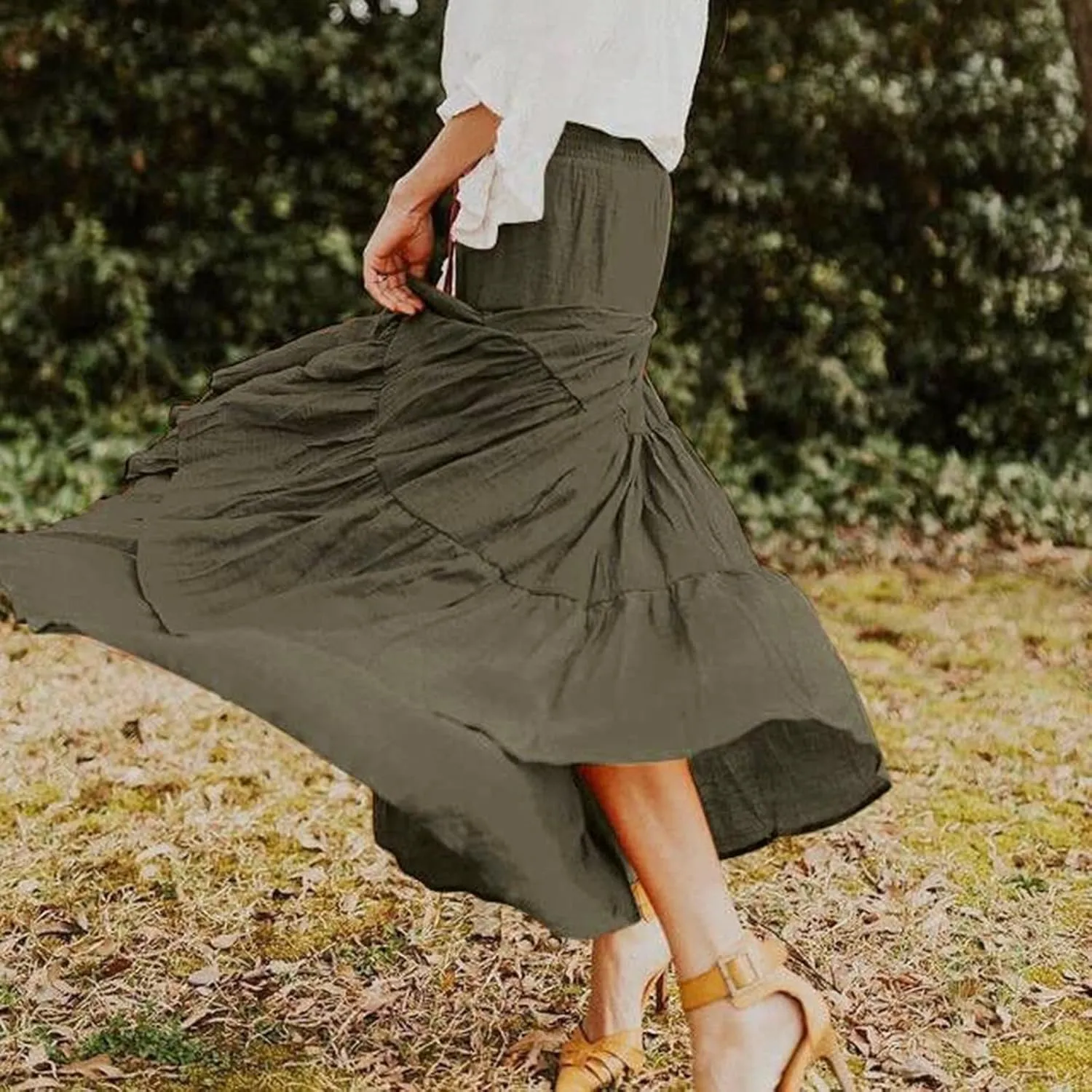 Women's Beach Maxi Skirts Elastic High Waist Drawstring Tired Pleated Skirt Summer Flowy Boho A Line Long Skirt