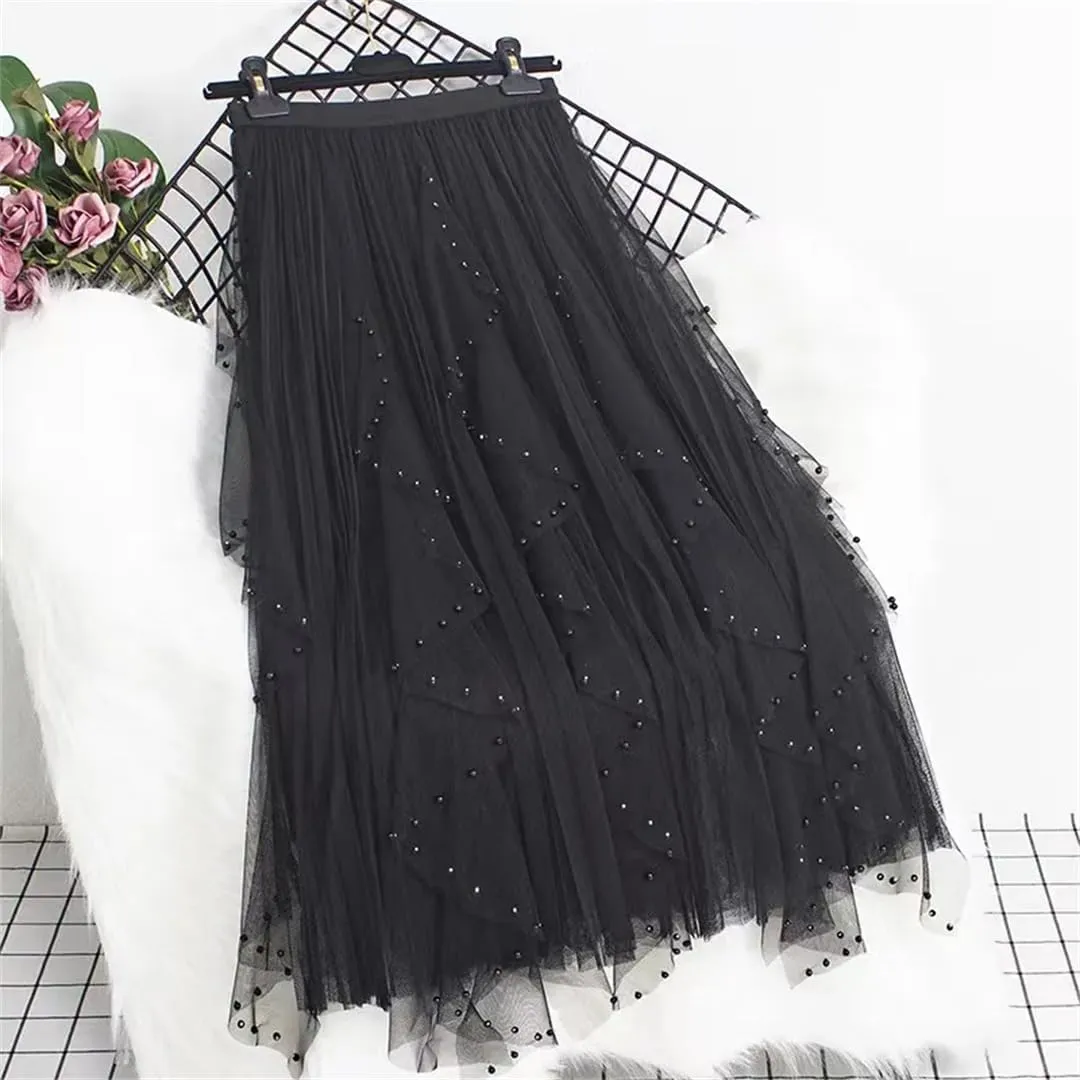 Women's Beading Tulle Midi Long Skirt Female Elastic High Waist Pleated A Line Mesh Skirts