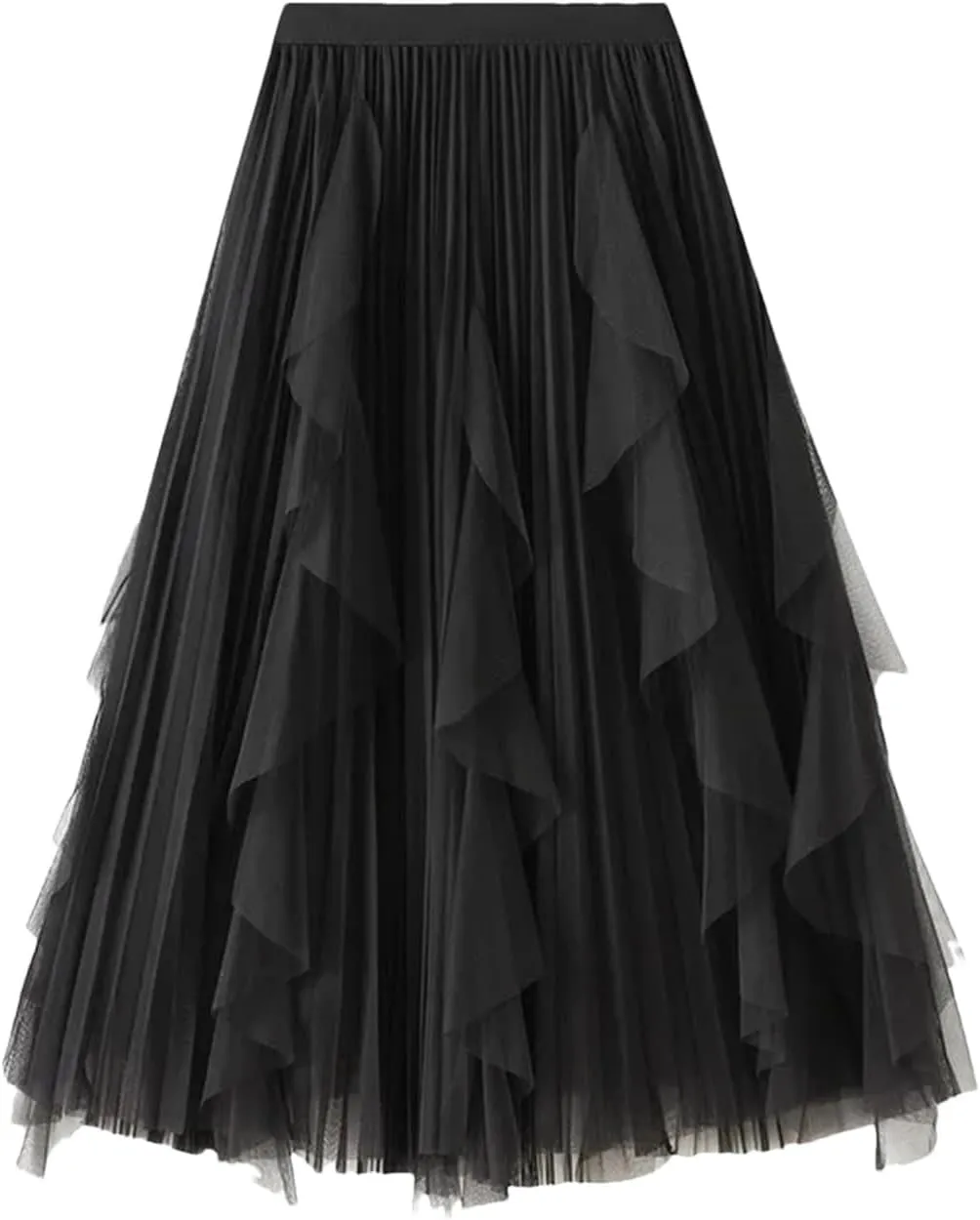 Women's Beading Tulle Midi Long Skirt Female Elastic High Waist Pleated A Line Mesh Skirts