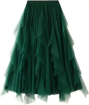 Women's Beading Tulle Midi Long Skirt Female Elastic High Waist Pleated A Line Mesh Skirts